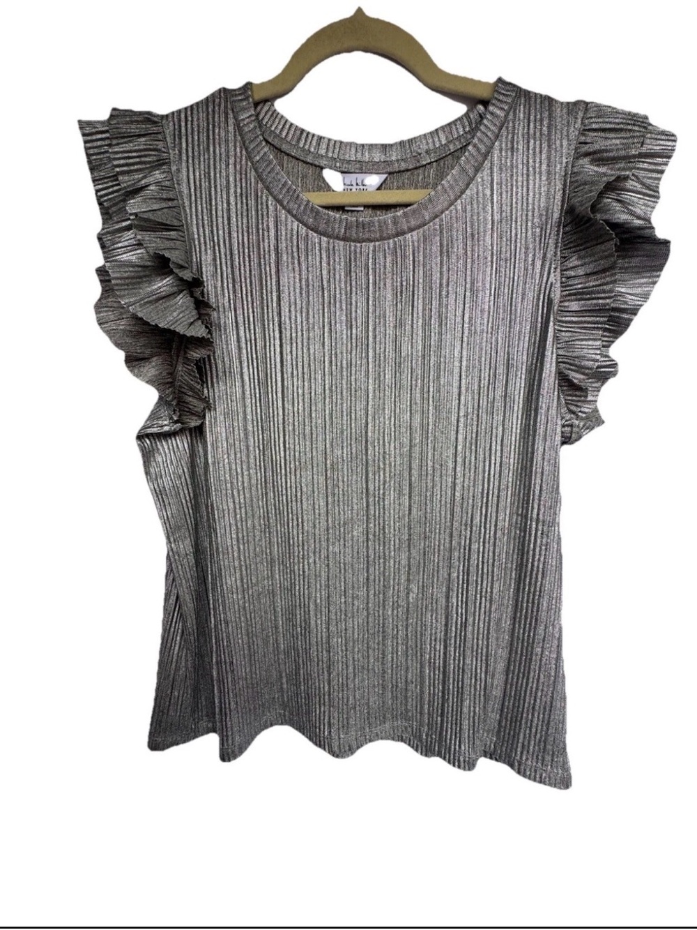 Nicole Miller New York Metallic Silver Ruffle Sleeve Top